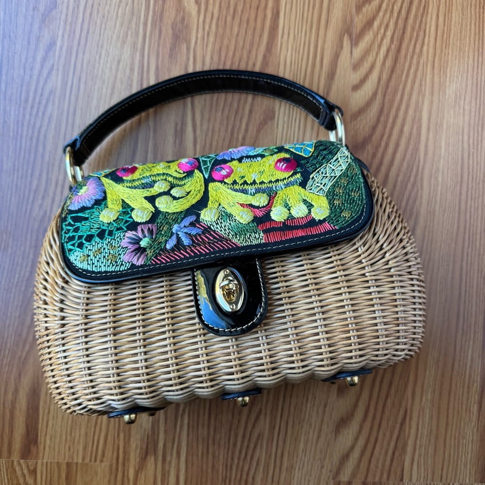 Eric Javits Wicker Shoulder Bag with Multicolor Floral Embroidered Top